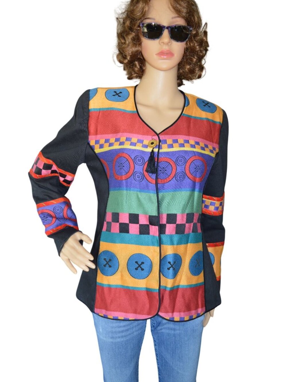 VTG Marie Studer Designs 80s 90s Colorful Funky Checkered Striped Jacket Size S